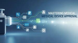 Highly detailed digital graphic of medical device approval process, symbols, and approval icons.