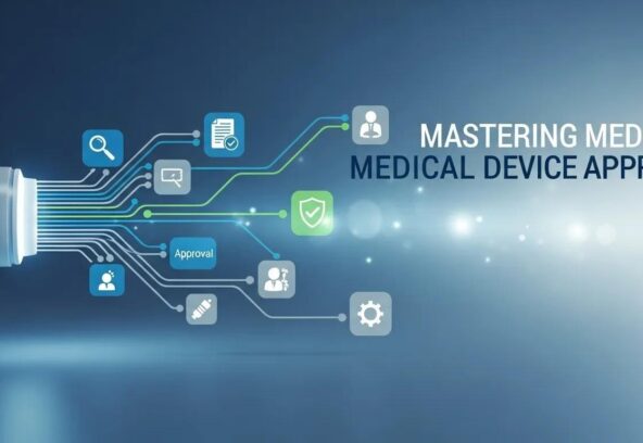 Highly detailed digital graphic of medical device approval process, symbols, and approval icons.