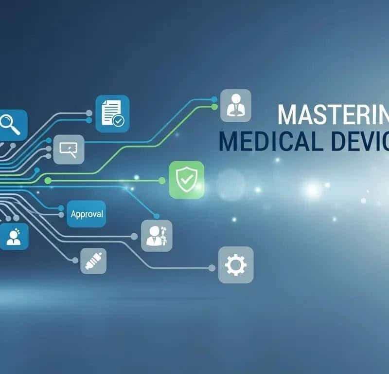 Highly detailed digital graphic of medical device approval process, symbols, and approval icons.