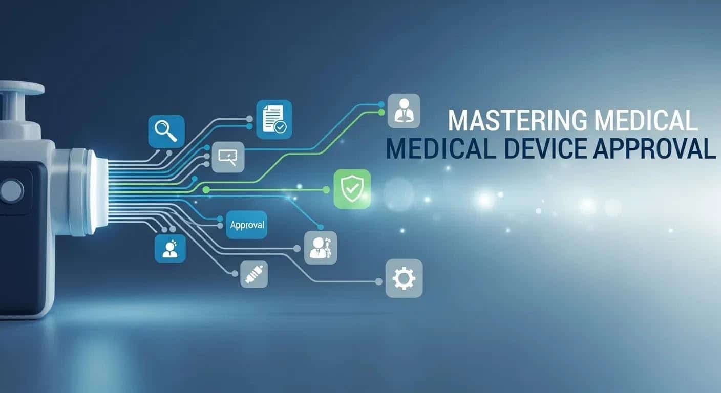 Highly detailed digital graphic of medical device approval process, symbols, and approval icons.